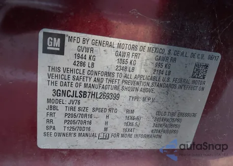 2017 Chevrolet Trax Lt from USA, damaged, VIN 3GNCJLSB7HL269399